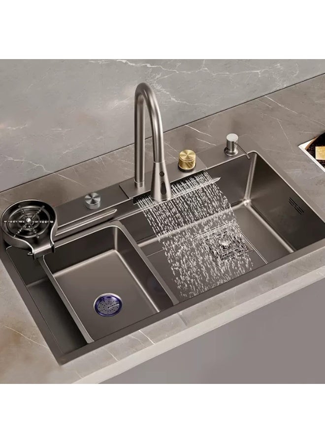 المفتاحة حوض مطبخ من الفولاذ المقاوم للصدأ 80×45 سم مع صنبور شلال - حوض مفرد مع غسالة أكواب وملحقات تركيب كاملة - تصميم عصري للتركيب السفلي/العلوي - Image 1